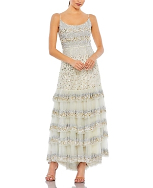 Embellished Scoop Neck Spaghetti Strap Tiered Gown