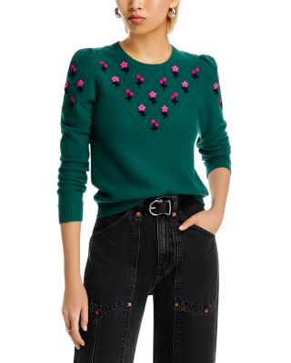 AQUA - Puff Sleeve Embroidered Floral Cashmere Sweater - Exclusive