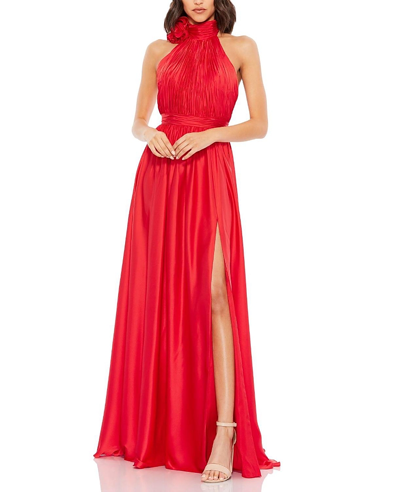 Mac Duggal Rosette Halter Chiffon Evening Gown In Red