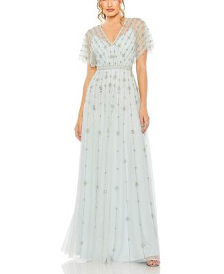 Mac Duggal V Neck Embellished Flutter Sleeve A Line Gown