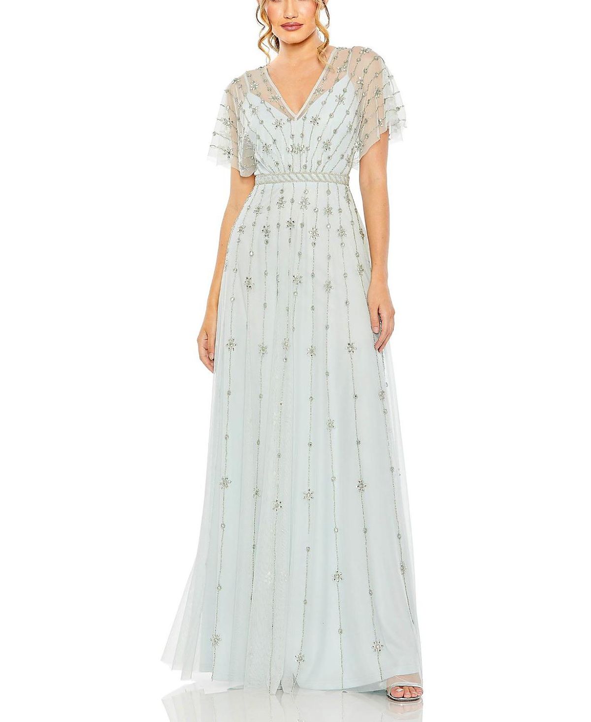 Mac Duggal V Neck Embellished Flutter Sleeve A Line Gown