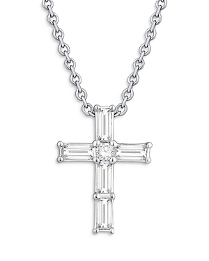 Diamond Baguette & Round Cross Pendant Necklace in 14K White Gold, 0.16 ct. t.w.