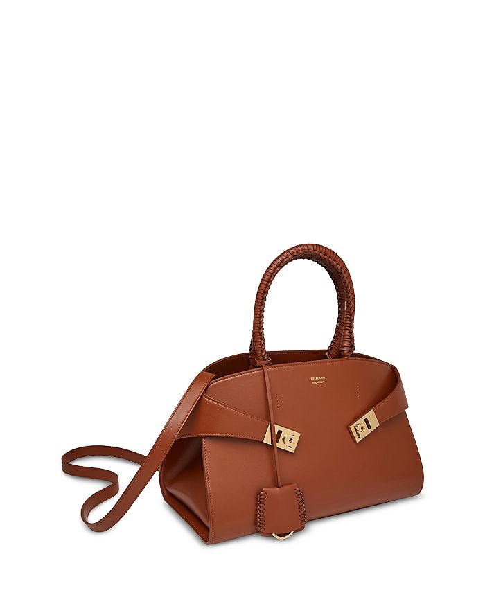 Shop Ferragamo Small Hug Leather Top Handle Bag In New Cognac/gold