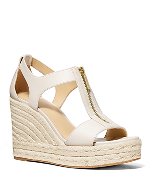 Michael Kors Michael Women's Berkley Distressed Denim Espadrille Wedge Heel Platform Sandals In Light Cream