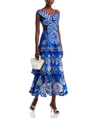 farm rio afternoon breeze midi dress Farm Rio Afternoon Breeze Caftan Midi-dress In White Blue