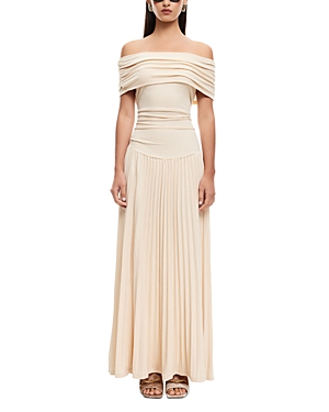 Lioness Field Of Dreams Off The Shoulder Pleated Maxi Dress In Oatmeal