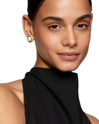 18K Yellow Gold Pearl South Sea White Pearl & Diamond Halo Button Stud Earrings