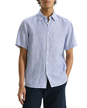 Shop Theory Irving Linen Stripe Standard Fit Button Down Shirt In White/ocean