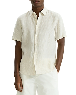 Shop Theory Irving Linen Stripe Standard Fit Button Down Shirt In White/sand