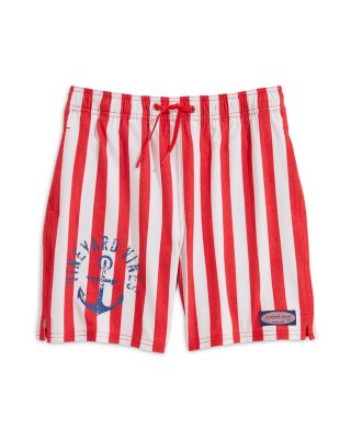 Vineyard Vines Kids Chappy Crab Print Swim Trunks in Beach Stripe Racng Red at Nordstrom Size XL