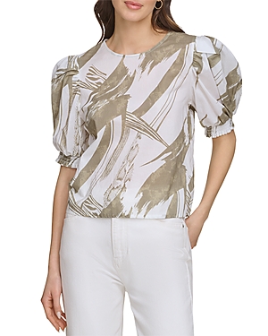 Shop Dkny Printed Voile Puff Sleeve Top In Abs Brshst