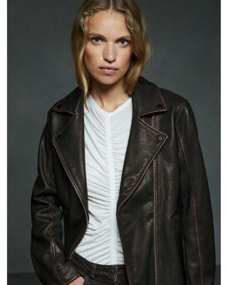 【海外限定】REISSレザースカート☆Zip-front high-rise leather Buy Reiss Black/Red Rae Leather Collarless Zip-Through