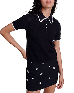 Maje Pointelle Knit Polo Shirt In Black
