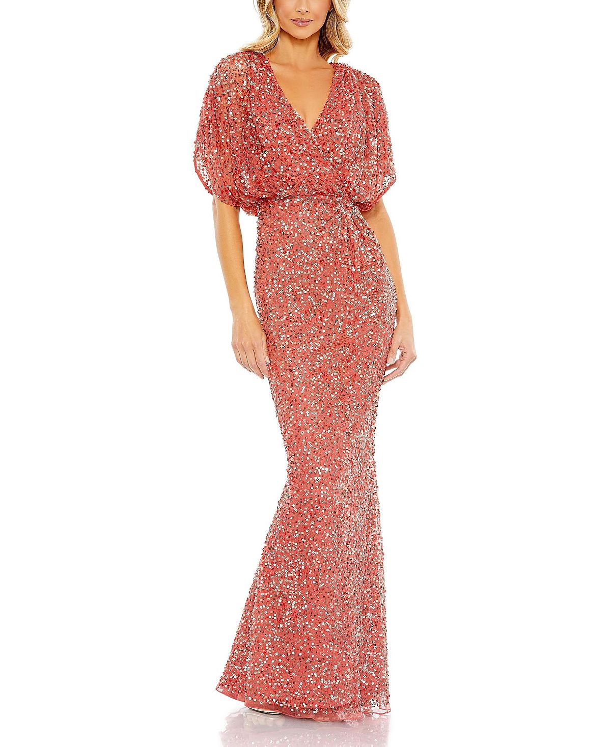Mac Duggal Draped Sleeves Ruched Waist Detail V-Neck Gown
