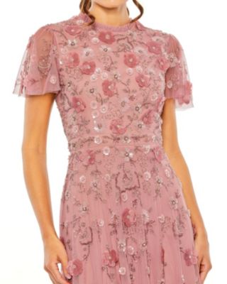 Embellished High Neck Floral Applique with Beaded Detail A Line Dress