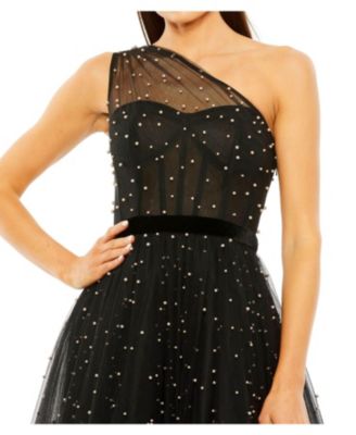 One Shoulder Pearl Embellished Midi Ballgown