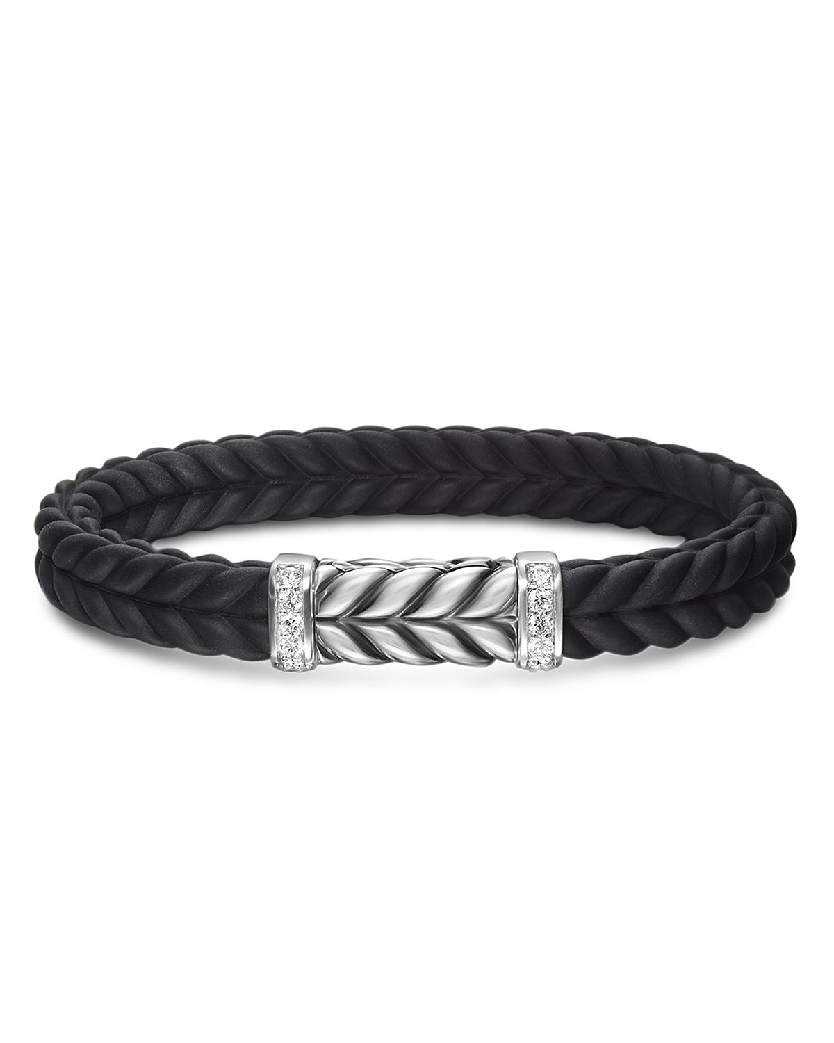 David Yurman Men's Sterling Silver Chevron Diamond Wide Woven Black Rubber Bracelet