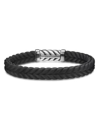 Men's Sterling Silver Chevron Diamond Wide Woven Black Rubber Bracelet