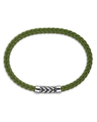 Men's Sterling Silver Chevron Woven Green Rubber Bracelet