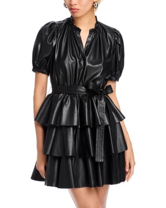 Pre-Order Black Faux Leather Ruffle Hem Sleeveless Mini Dress