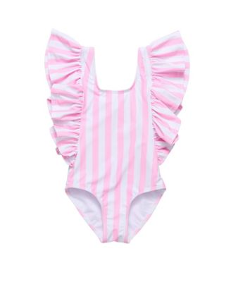 Snapper Rock - Girls' Pink Stripe Wide Frill Swimsuit - Little Kid, Big Kid