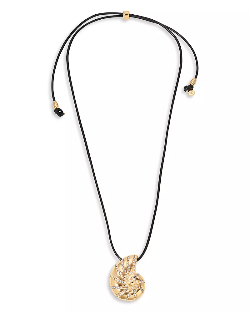 Ettika Pave & Imitation Pearl Swirled Shell Black Cord Adjustable Pendant Necklace in 18K Gold Plated, 26