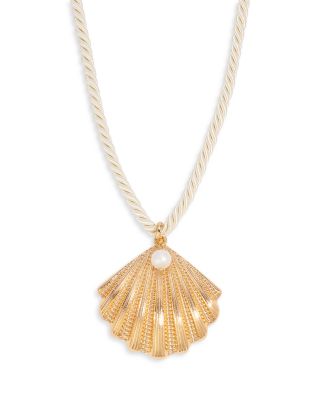 Cultured Freshwater Pearl Scalloped Shell Cord Pendant Necklace in 18K Gold Plated, 15"-20"