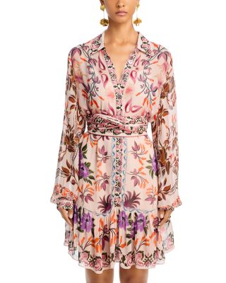 Winter Garden Floral Tie Belt Long Sleeved Shirt Dress