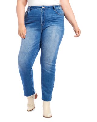 Plus Size High Rise Raw Hem Straight Jeans in Denim 