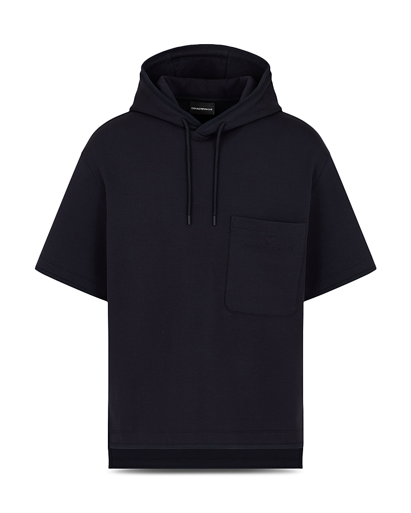 Emporio Armani Short Sleeved Hooded Woven Effect Jacquard Sweatshirt In Navy Blue