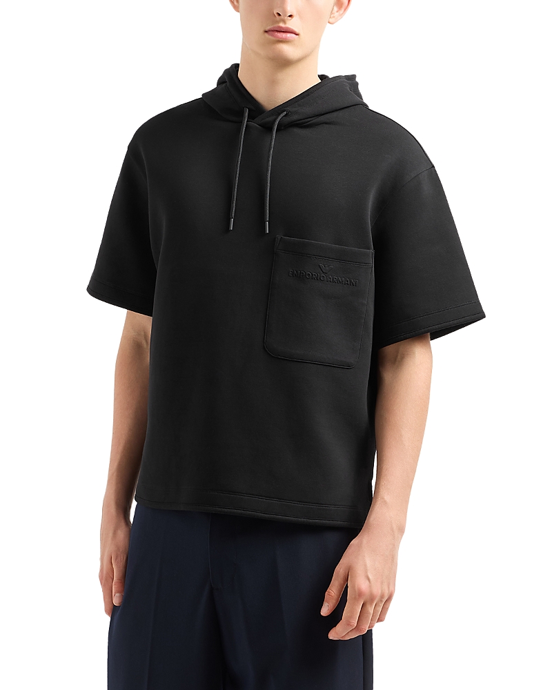 Emporio Armani Short Sleeved Hooded Woven Effect Jacquard Sweatshirt In Black