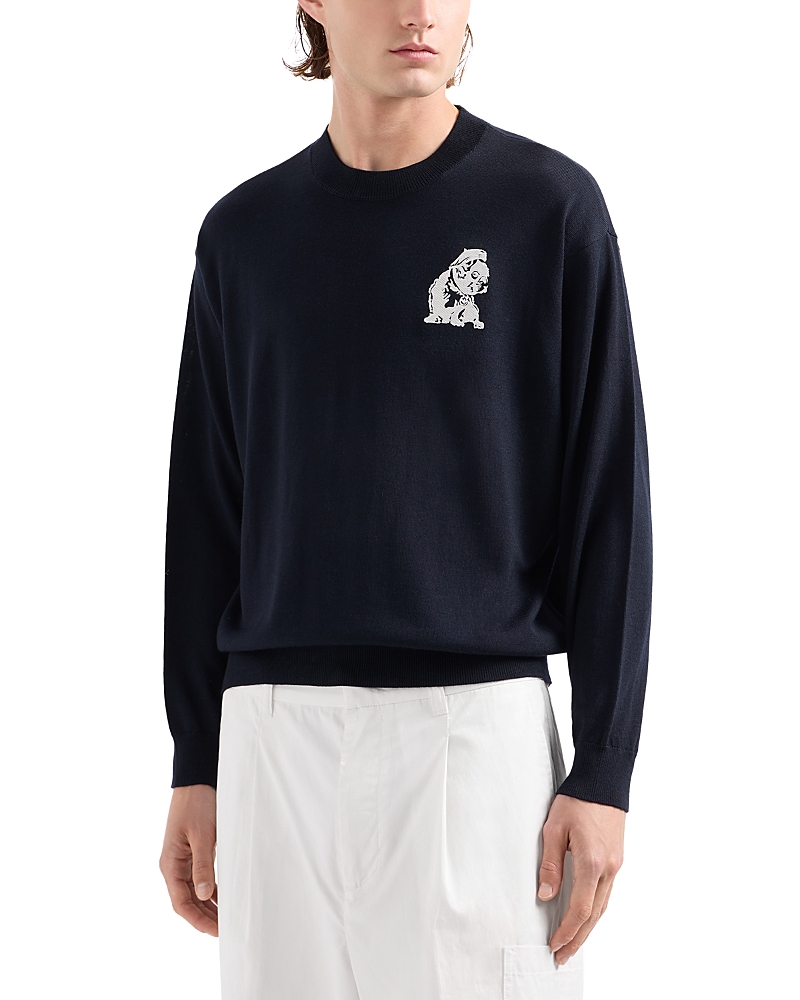 Emporio Armani Official Store Plain-knit Virgin-wool Jumper With French Bulldog Embroidery In Navy Blue
