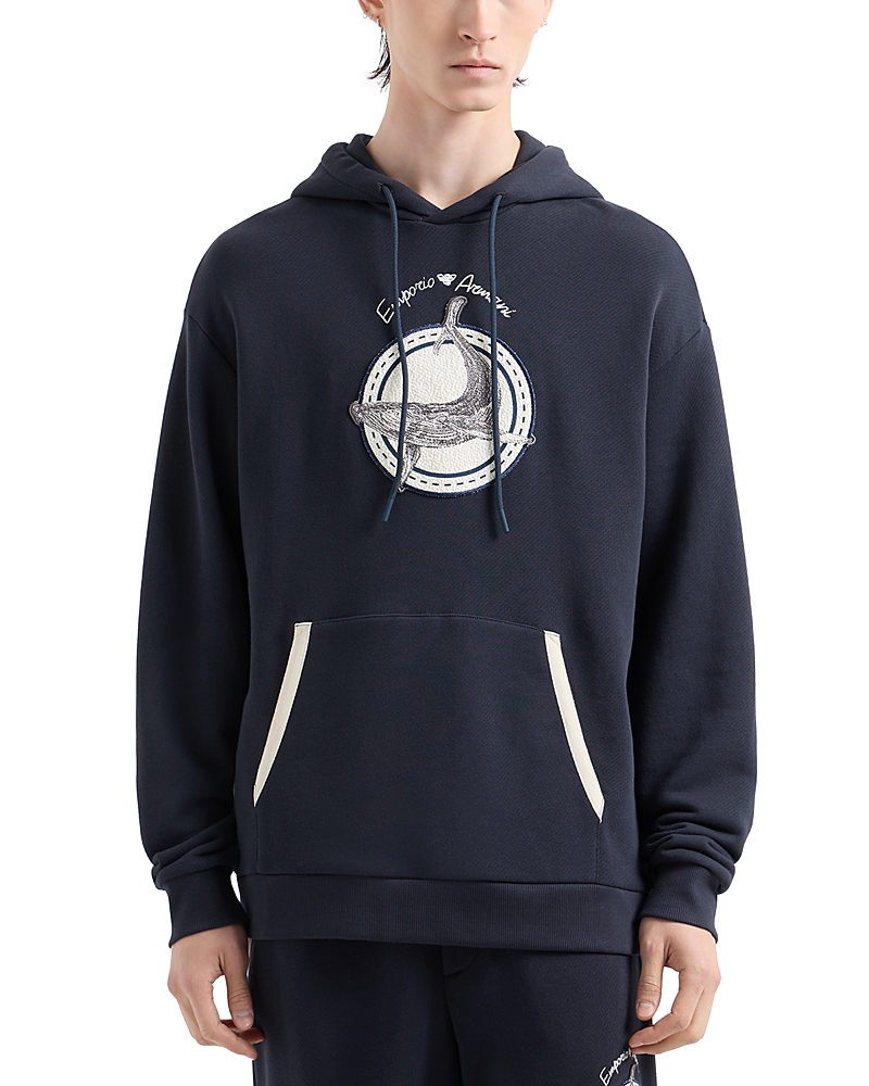 Emporio Armani Cotton Twill Whale Patch Regular Fit Hoodie In Navy Blue