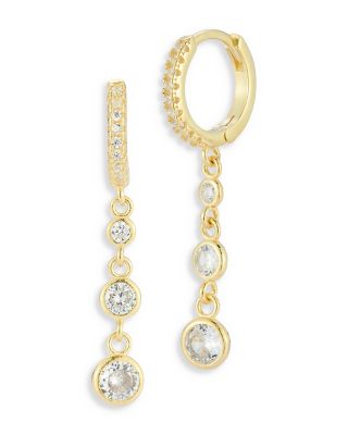 Aqua Cubic Zirconia Huggie Hoop Bezel Chain Earrings - Exclusive