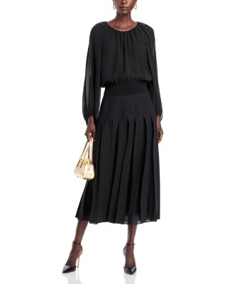 Lafayette 148 New York - Scoop Neck Blouson Top & Box Pleat Midi Skirt