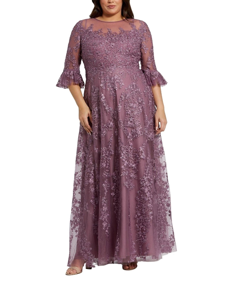 Mac Duggal High Neck Flutter Sleeve Embroidered A Line Gown