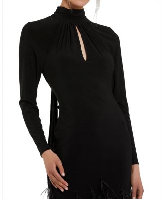 Jersey Long Sleeve High Neck Keyhole Cutout Feather Detail Gown