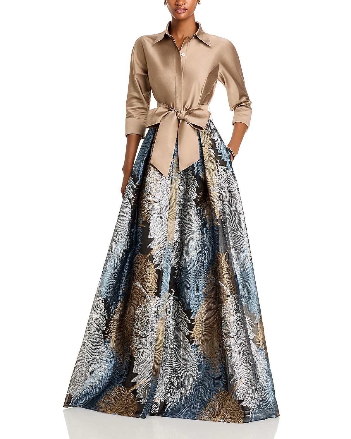 Teri Jon by Rickie Freeman Metallic Jacquard Shirt Dress Gown