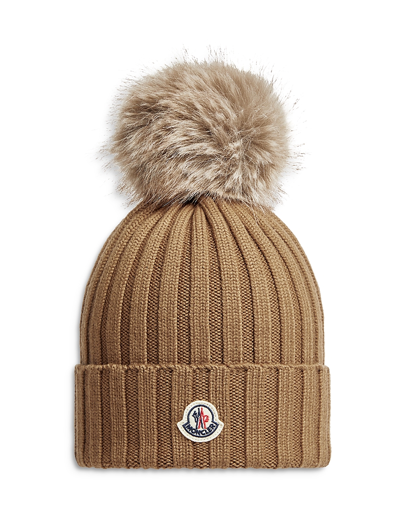 Moncler Ribbed Wool Beanie With Faux Fur Pom In Beige