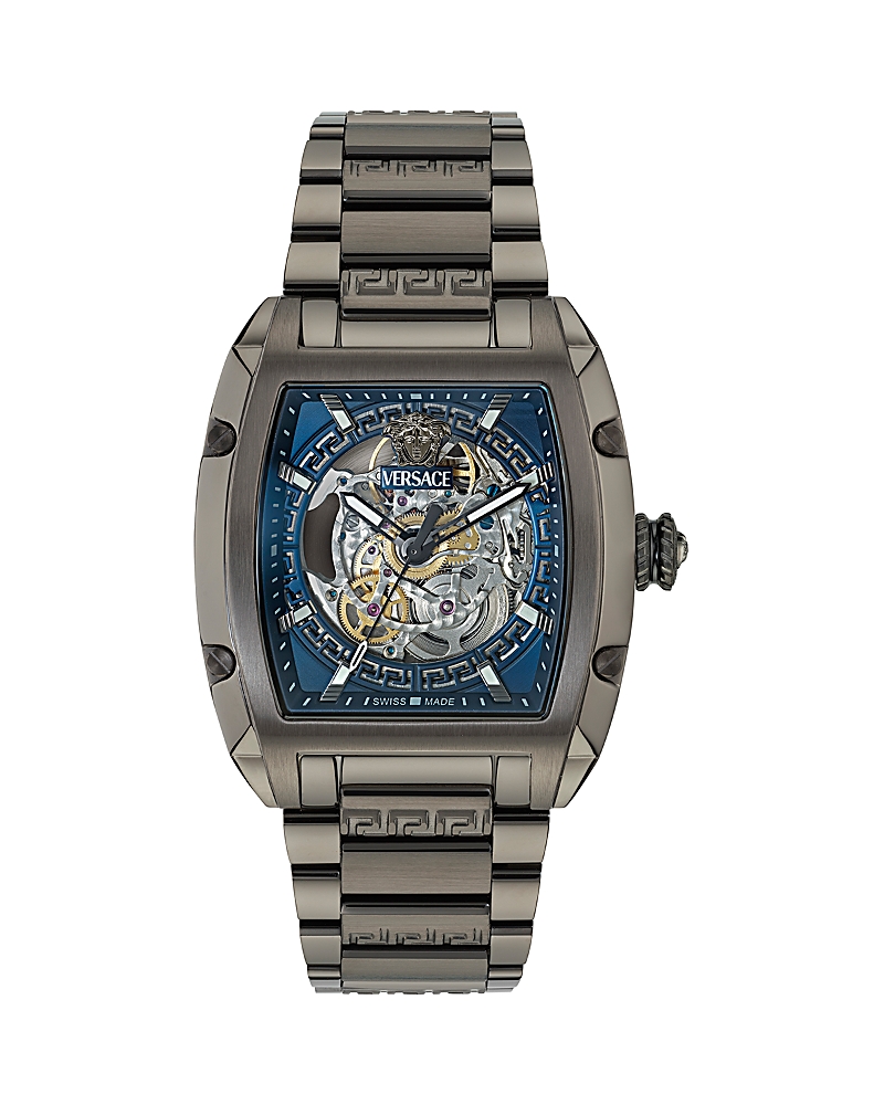Versace Men's Swiss Automatic Gunmetal Ion Plated Stainless Steel Bracelet Watch 42x50mm In Blue/gray