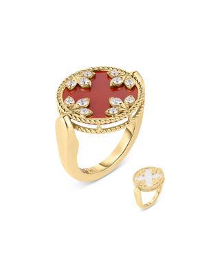 18K Yellow Gold Venetian Princess Medallion Red Agate, Mother of Pearl & Diamond Reversible Ring