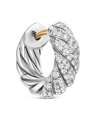 Sculpted Cable Hoop Earrings in Sterling Silver with Diamonds, 14.4mm