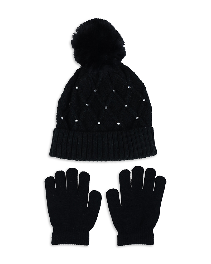 Capelli Girls' Diamond Knit Pom Hat & Magic Glove Set - Little Kid, Big Kid In Black