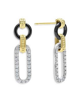 18K Gold Signature Caviar Diamond & Black Ceramic Link Drop Earrings
