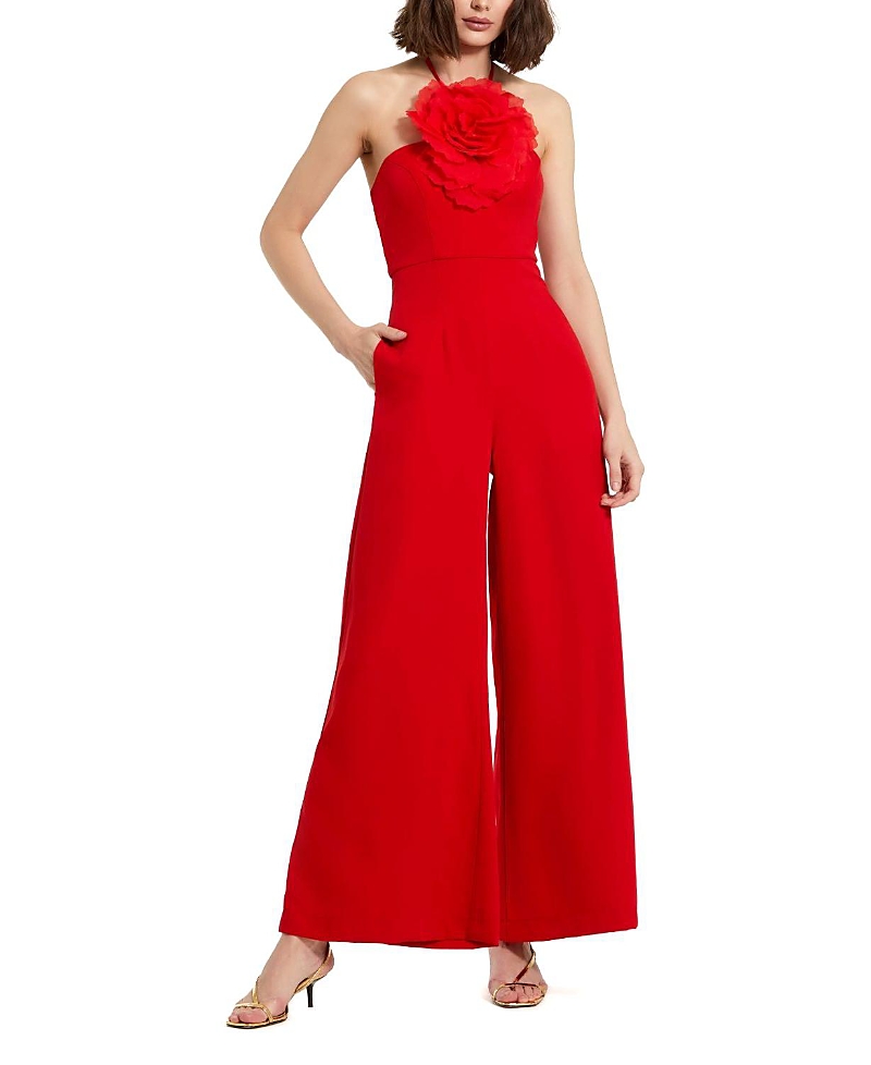 Mac Duggal Flower Embellished Crepe Halter Neck Jumpsuit