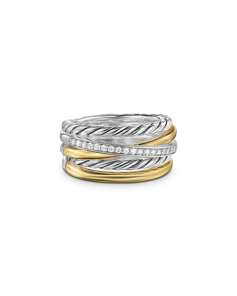 David Yurman Crossover Five Row Ring in Sterling Silver with 18K Yellow Gold and Diamonds, 11mm