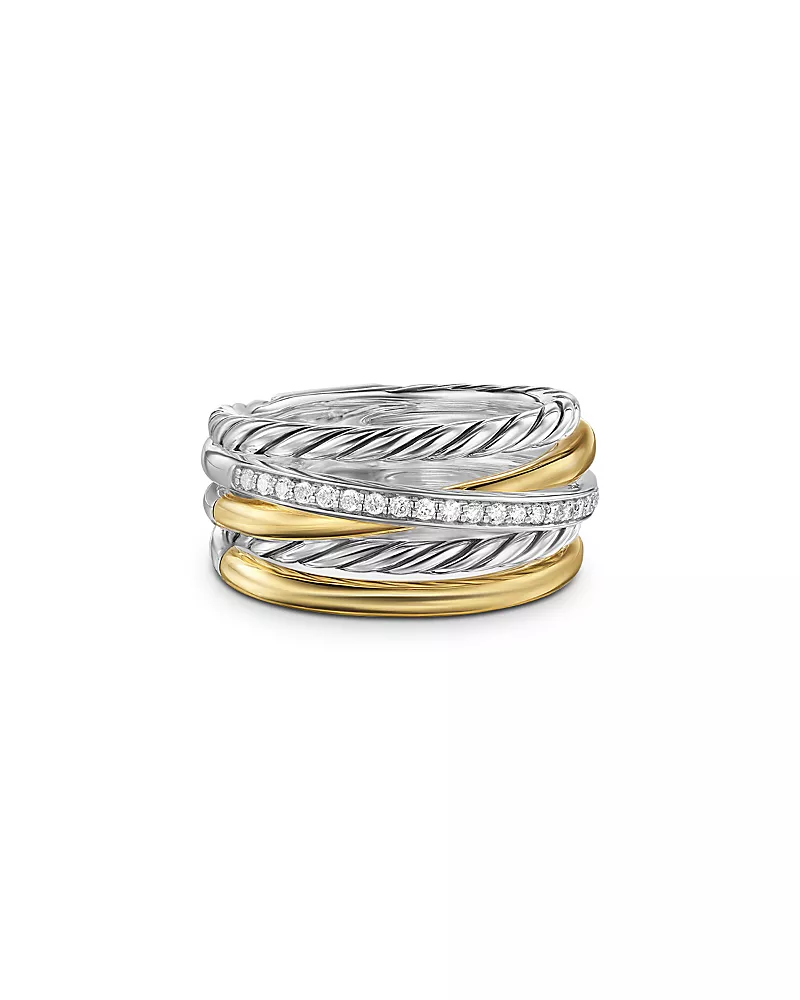 David Yurman Crossover Five Row Ring in Sterling Silver with 18K Yellow Gold and Diamonds, 11mm