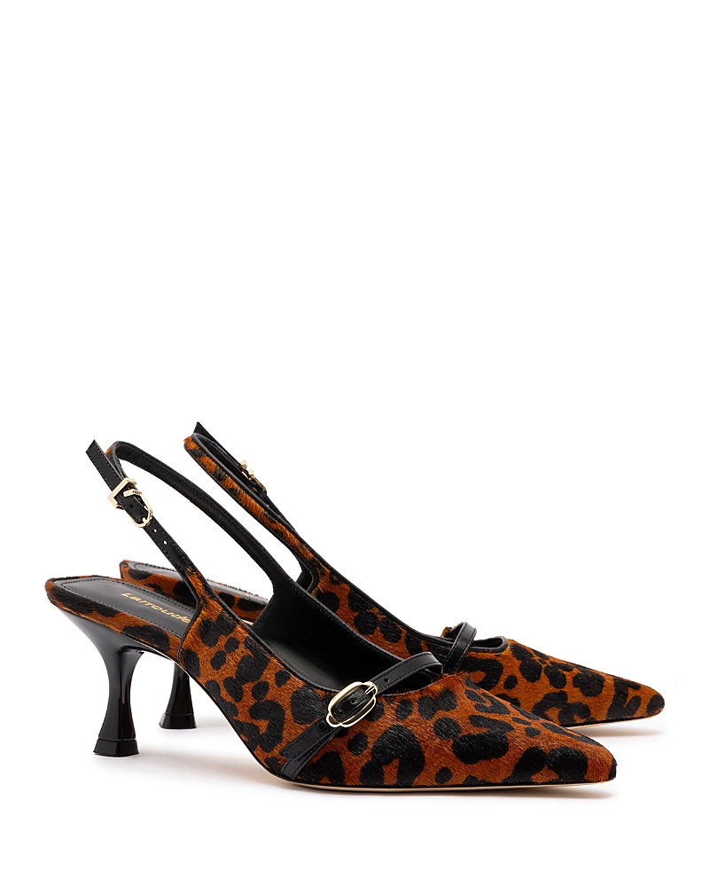 Larroude Women's Ines Pointed Toe Animal Print Calf Hair Mid Heel Slingback Pumps