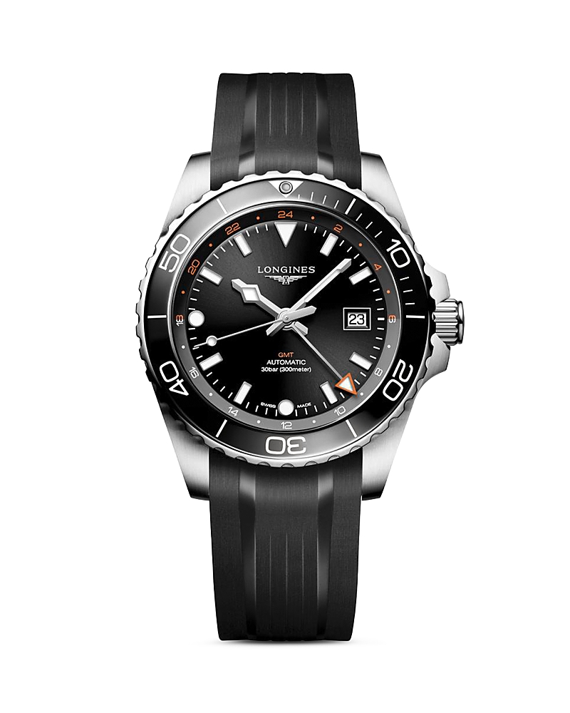 Longines Men's Swiss Automatic Hydroconquest Gmt Black Rubber Strap Watch 43mm In Black
