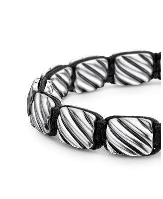 Men's Sculpted Cable Woven Tile Bracelet with Sterling Silver and Black Nylon, 8.5mm